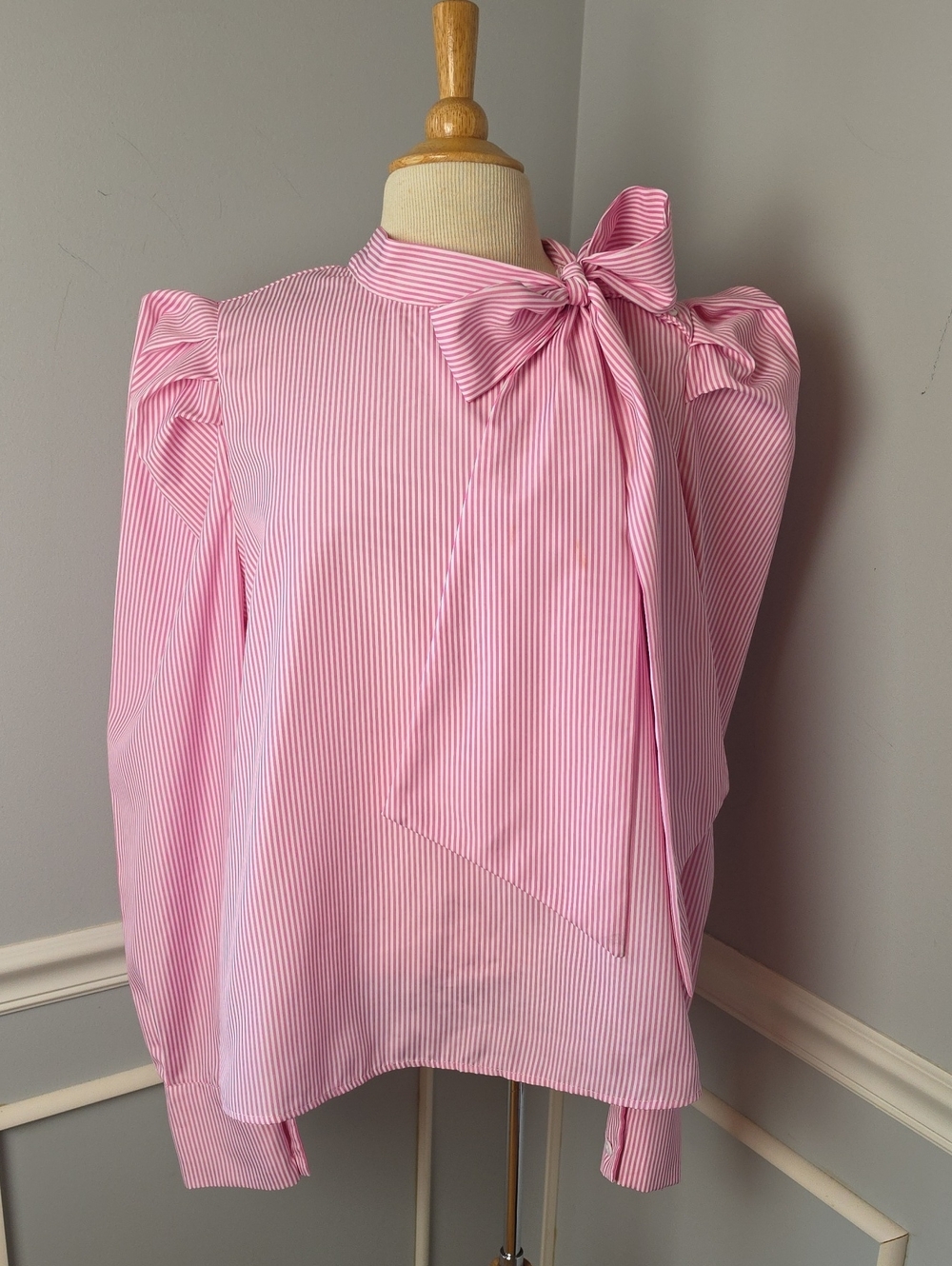 SHEIN Pink White Striped Puff Sleeve Tie Neck Bow Career Office Blouse Top XL - Picture 1 of 8